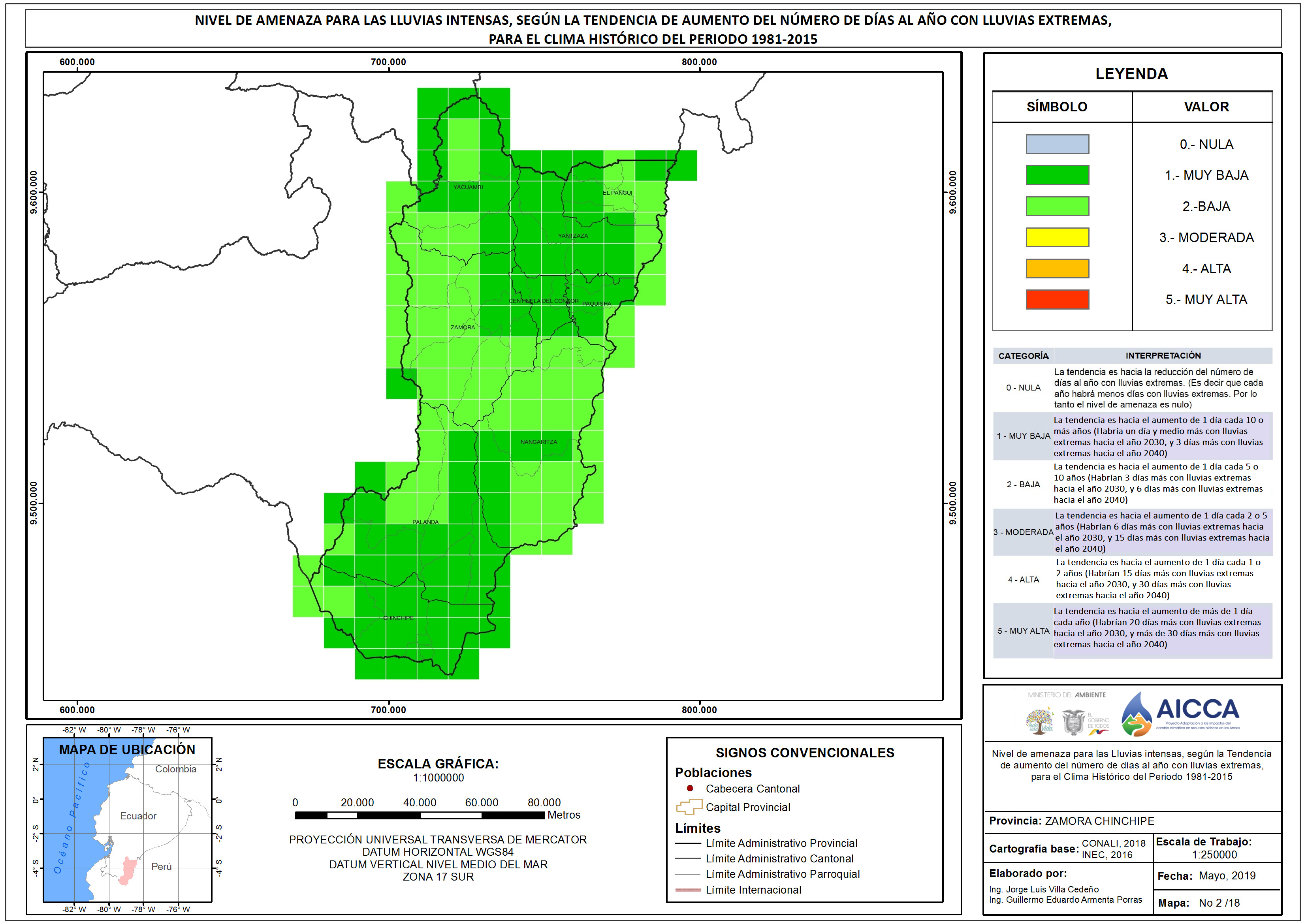 Mapa de índice de lluvias intensas provincia Zamora Chinchipe